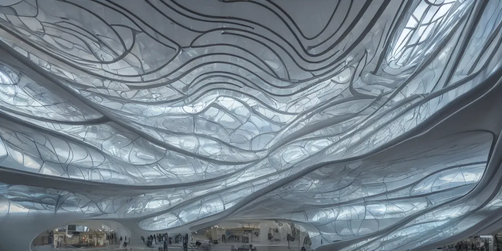 Image similar to extremely detailed awe ornate stunning beautiful futuristic smooth curvilinear elegant museum interior by zaha hadid, translucent gills, stunning volumetric light, stainless steel, concrete, translucent material, beautiful sunset, hyper real, 8k, colorful, 3D cinematic volumetric light, atmospheric light