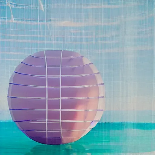 Image similar to a pastel colour high fidelity wide angle Polaroid art photo from a holiday album at a seaside with abstract inflatable parachute furniture, spheres and a sculpture, all objects made of transparent iridescent Perspex and metallic silver, a grid of sun beds iridescence, nostalgic