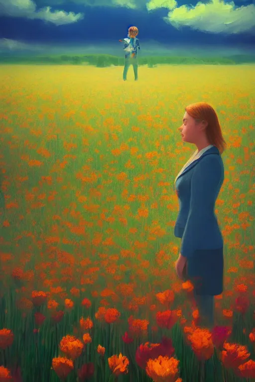 Image similar to closeup, giant flower head, girl in suit standing in a field of flowers, surreal photography, sunrise, blue sky, dramatic light, impressionist painting, digital painting, artstation, simon stalenhag