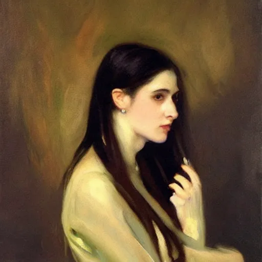 Image similar to “ dark haired girl holding infinity, very detailed, oil painting, portrait, dark background, by john singer sargent ”