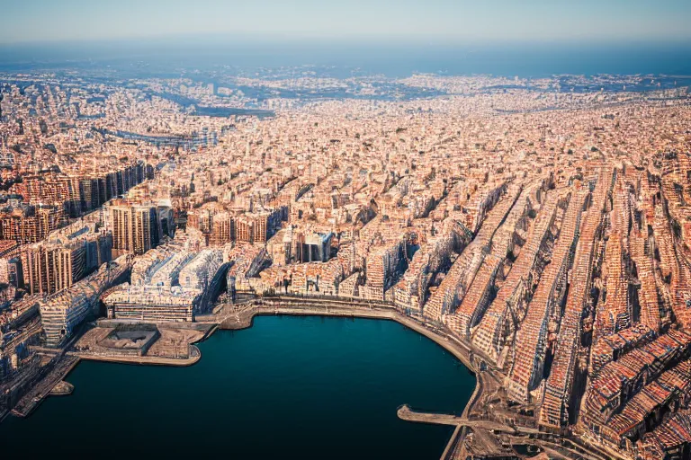 Image similar to dron views of dystopian barcelona city covered with water, global warming, sunset lighting, photo real