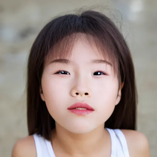 Prompt: portrait photo head and shoulders child Korean girl full lighting flash photo, Brightly lit, eyebrows exposed no hair on face mouth closed looking directly into camera