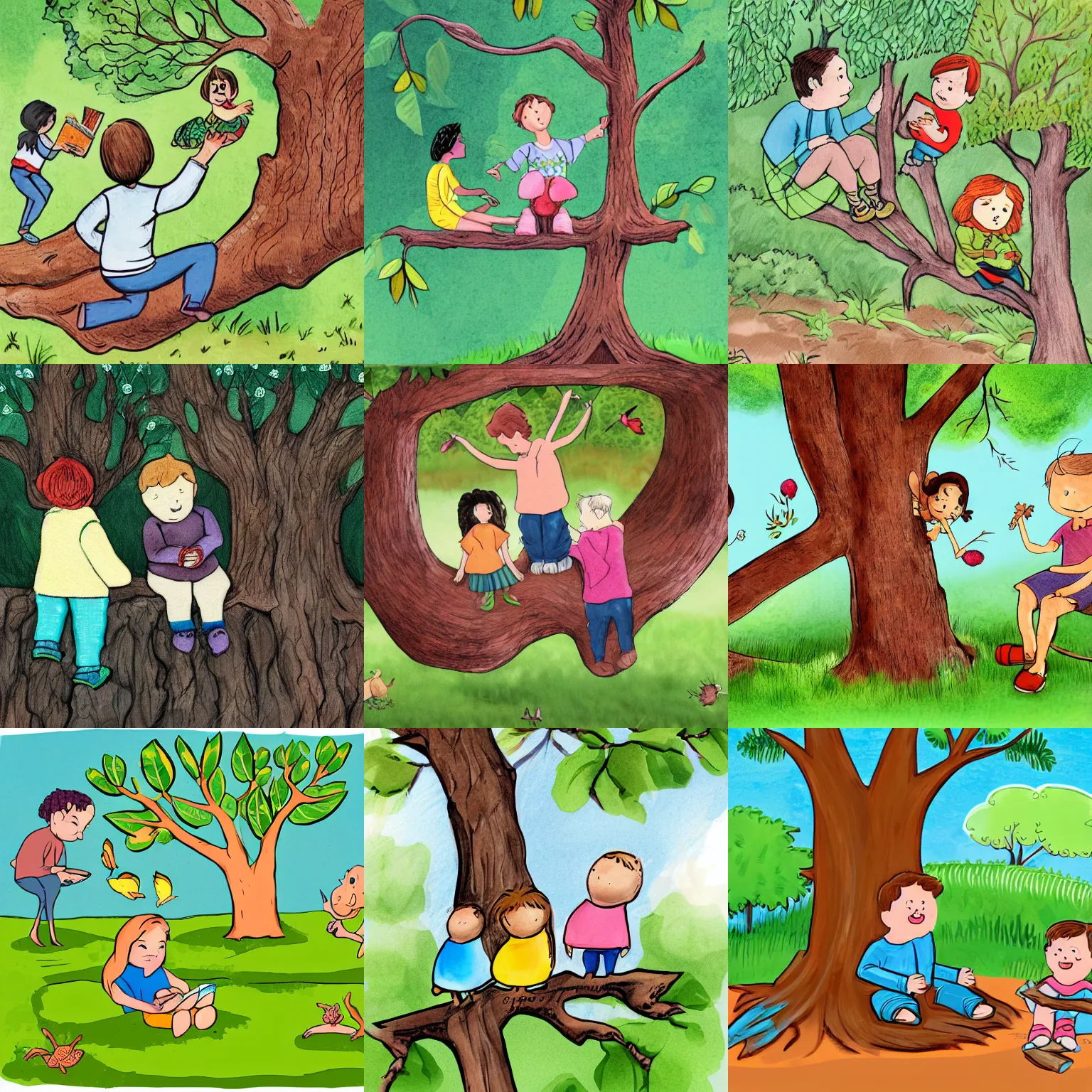 Prompt: i sat on a tree branch and waited for them to ask me to play with them. storybook illustration
