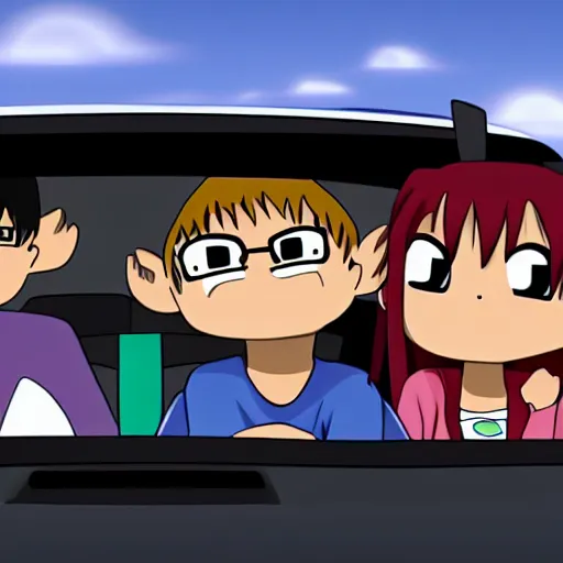 Prompt: Characters from Azumanga Daioh driving a car, in the style of azumanga daioh, 4k, dynamic lighting