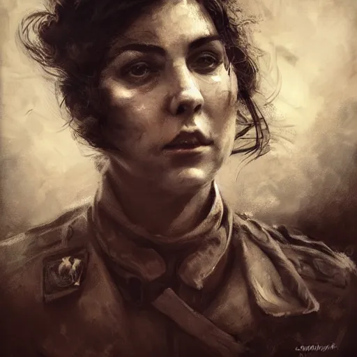 Image similar to portrait of a spanish communist revolutionary marina ginesta, colourised, face portrait, epic, tragic, military art, fantasy, dieselpunk, hd shot, digital portrait, beautiful, artstation, comic style, by artgerm, guy denning, jakub rozalski, magali villeneuve and charlie bowater