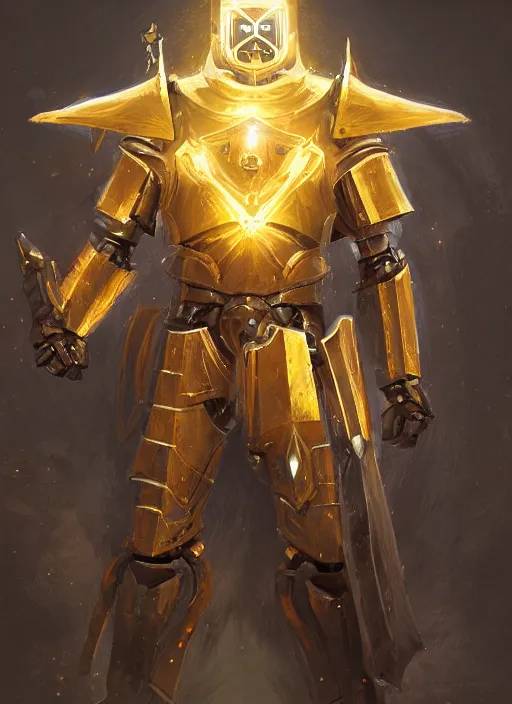 Image similar to dynamic abstract portrait of a intricate glorious holy mechanical warforged character in yellow armor holding a paladin engraved great longsword drawn and carrying a big paladin shield, beam glowing eye , epic , trending on ArtStation, masterpiece, cinematic lighting, by Ross Tran and by Greg Rutkowski