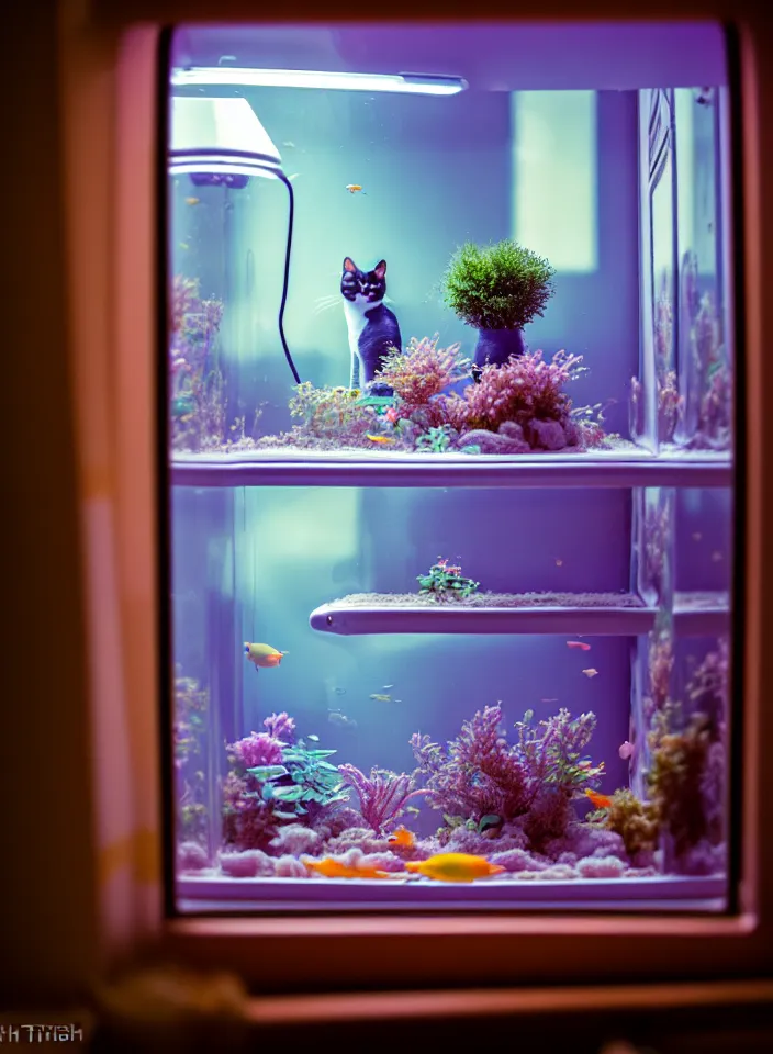 Image similar to telephoto 7 0 mm f / 2. 8 iso 2 0 0 photograph depicting the feeling of chrysalism in a cosy safe cluttered french sci - fi ( ( art nouveau ) ) cyberpunk apartment in a pastel dreamstate art cinema style. ( cat ) ( ( fish tank ) ), ambient light.