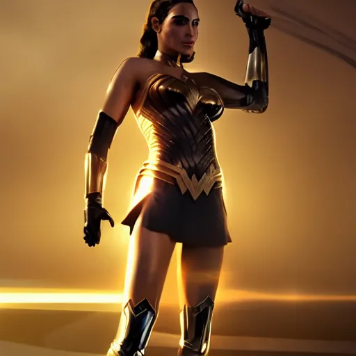 Image similar to gal gadot in amazon outfit, painted, volumetric lights, golden hour, trending on artstation, highly detailed