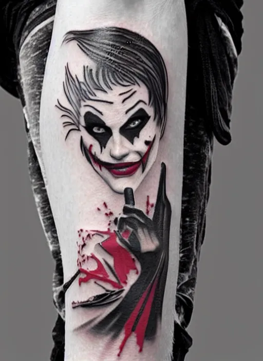 Prompt: a tattoo design of a a girl with joker makeup holding an ace card, hyper realistic, black and white