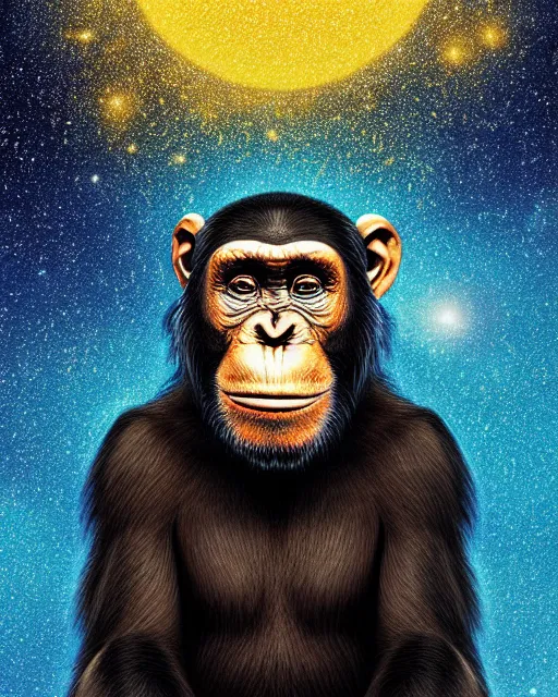 Prompt: blue, gold, very detailed high resolution illustration portrait of a chimpanzee head floating in space, backlit, night covered in stars, 3 d, 8 k, extremely detailed, artstation, award winning, sharp focus, illustration