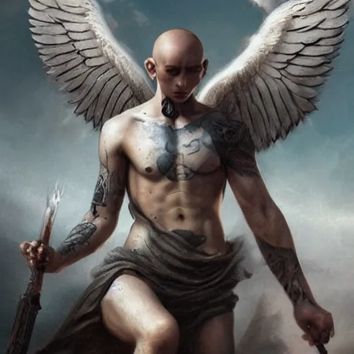 Image similar to very attractive androgynous fallen angel with shaved head on one side and with tattoos on his body falling through the sky battling superior angels, beautiful, hd, high detailed, 4 k, art by da vinci, art by greg rutkowski