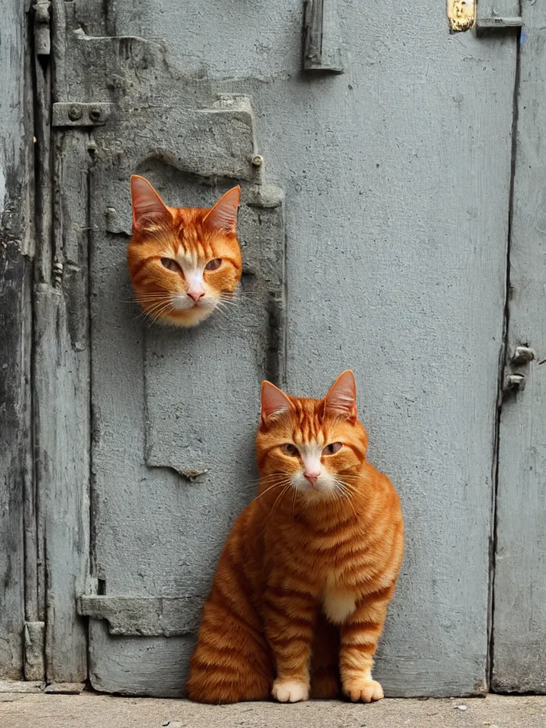 Prompt: a door into summer on the city street, a ginger cat sits near the door