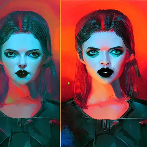 Image similar to high key studio anaglyph lighting headshot portrait of young female goth, directed by Alex Garland and Christopher Nolan, art by Paul Lehr and David Heskin and Mandy Jurgens and Josan Gonzalez, Artgerm, WLOP, Hi-Fructose, suicide girls