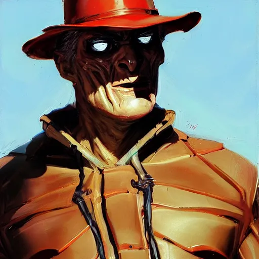 Image similar to greg manchess portrait painting of partially armored freddy krueger as overwatch character, medium shot, asymmetrical, profile picture, organic painting, sunny day, matte painting, bold shapes, hard edges, street art, trending on artstation, by huang guangjian and gil elvgren and sachin teng