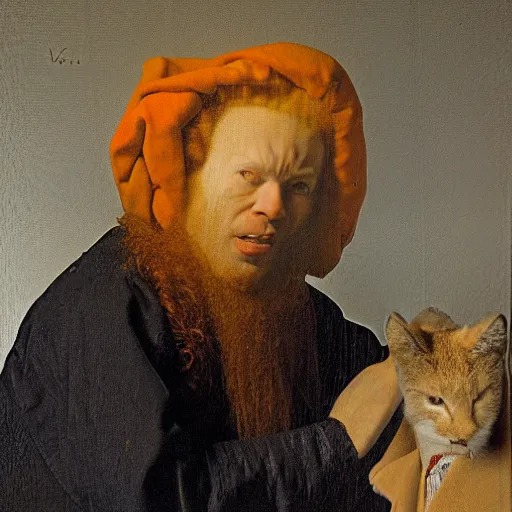 Image similar to Masterpiece Portrait of carrot top, dressed thobe, Ghutra and Egal, style of Johannes Vermeer