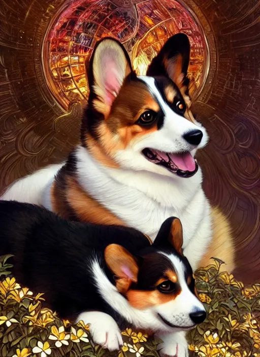 Prompt: a corgi and a tuxedo cat cuddling, shiny, fantasy, intricate, elegant, hyper detailed, ultra definition, photoreal, artstation, unreal engine rendered, concept art, smooth, sharp focus, illustration, art by artgerm and greg rutkowski and alphonse mucha and garis edelweiss