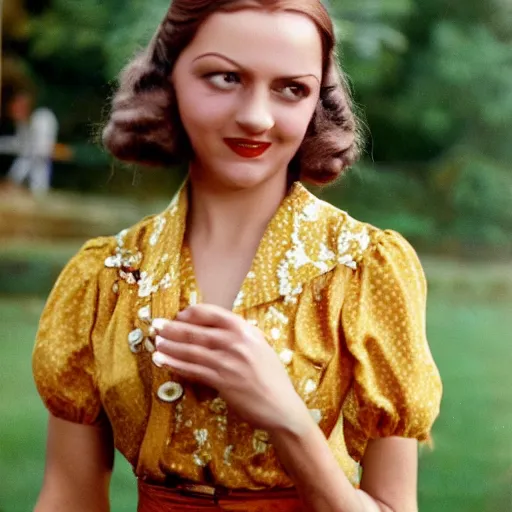 Prompt: an image of a queen with tan skin long rippling cinnamon hair and emerald colored eyes in a medium full shot, vintage historical fantasy 1 9 3 0 s kodachrome slide german and eastern european mix. the queen is pictured attending a barbecue for youth volunteers. she is dressed in a yellow dress paired with floral accessories.