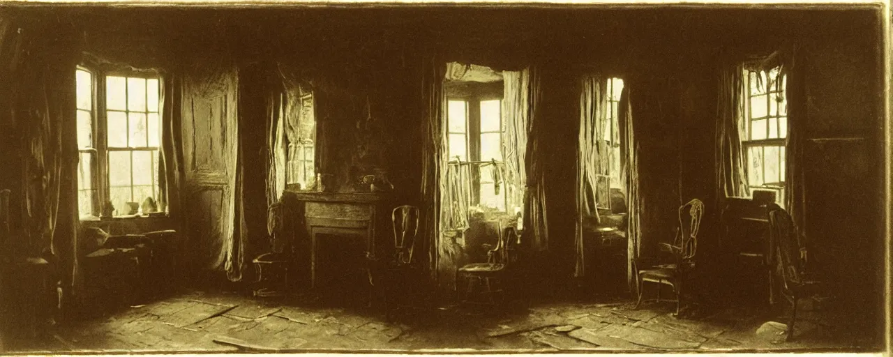 Prompt: the interior of an old haunted cottage in sussex, delicate embellishments, painterly, offset printing technique, photographed on film by brom, robert henri, walter popp