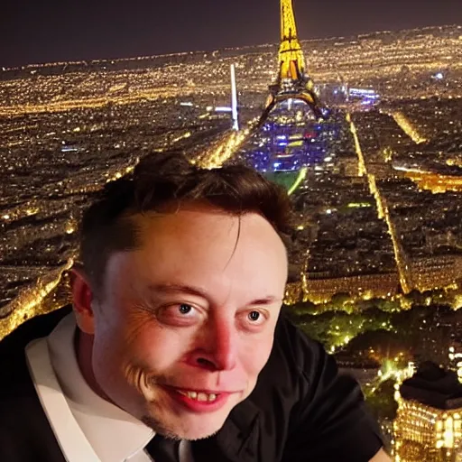 Image similar to selfie photo of Elon Musk drunk drunk drunk in the top of the Eiffel Tower of Paris, highly detailed skin and face