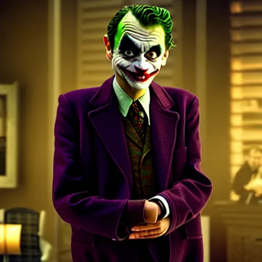 Prompt: mr. bean as the joker. movie still. cinematic lighting.