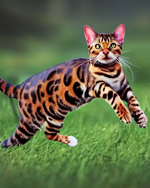 Image similar to beautiful and realistic bengal cat chasing after a gigantic mouse in a field, photo in the style of National Geographic