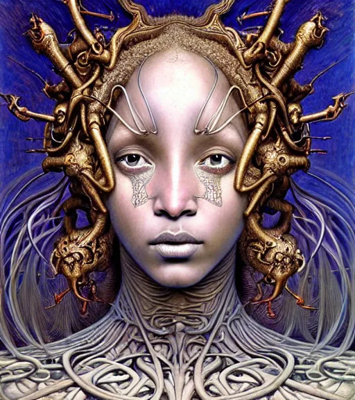 Image similar to detailed realistic beautiful young medieval alien robot beyonce face portrait by jean delville, gustave dore and marco mazzoni, art nouveau, symbolist, visionary, gothic, pre - raphaelite. horizontal symmetry by zdzisław beksinski, iris van herpen, raymond swanland and alphonse mucha. highly detailed, hyper - real, beautiful, fractal baroque