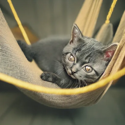 Prompt: A still of a dark grey European Shorthair kitten. The kitten is sleeping in a big indoor hammock. Kodak Portra 400.