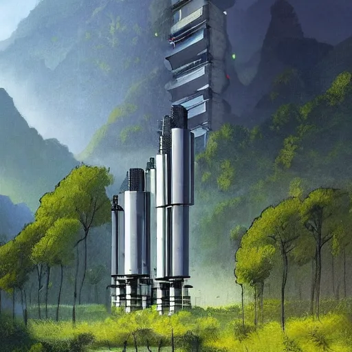 Image similar to vertical farm towers surrounding a sci - fi nuclear containment building in a steep - sided valley with trees, a sense of hope, in the style of edouard groult