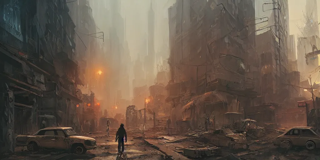 Image similar to a post apocalyptic street scene in the style of Sylvain Sarrailh, the occult, mysterious, strangeness, beautiful digital art, cinematic composition, detailed, concept art, Matt painting, oil painting, high res