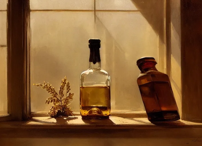 Image similar to oil painting of whiskey bottle, malt, barley plants, grain, art by anders zorn, wonderful masterpiece by greg rutkowski, beautiful cinematic light, backlit, window cast shadows, american romanticism by greg manchess, creation by tyler edlin