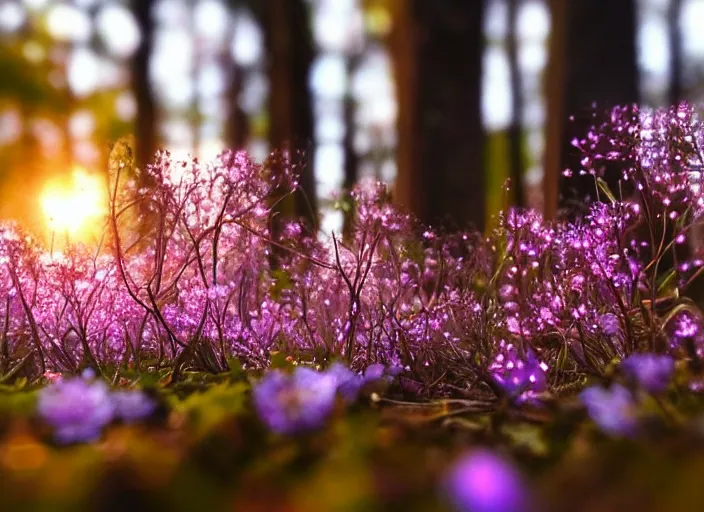 Prompt: a magical forest with delicate flowers that glow in the dusk, macro close up, bokeh,