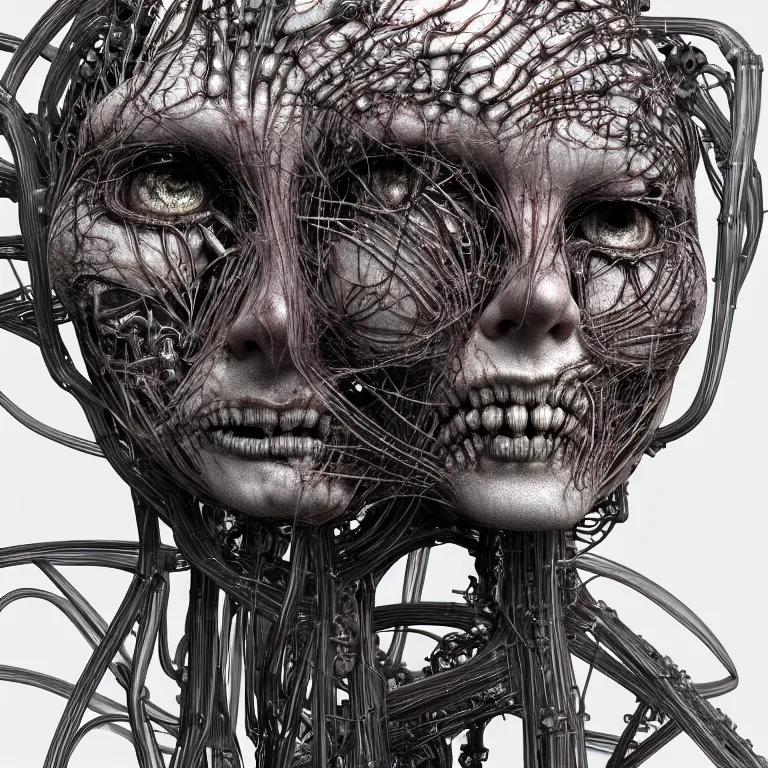 Image similar to portrait of neural nightmares by yoshitaka amano and HR Giger, detailed face face face face, facial structure, hd, 8k, very very very very electronic, biomechanical, biology, bio, neural machine, single subject, terror