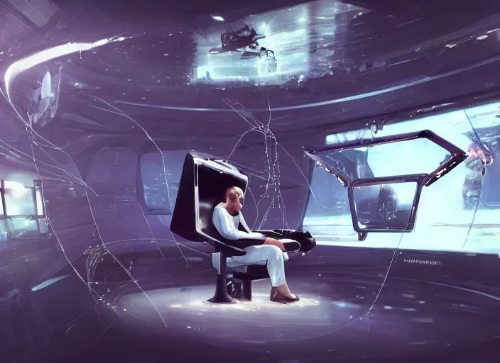 Prompt: a man sitting on a chair with things attached to his head, screens in front of him playing videos, ship interior, futuristic, scifi, concept art, surreal