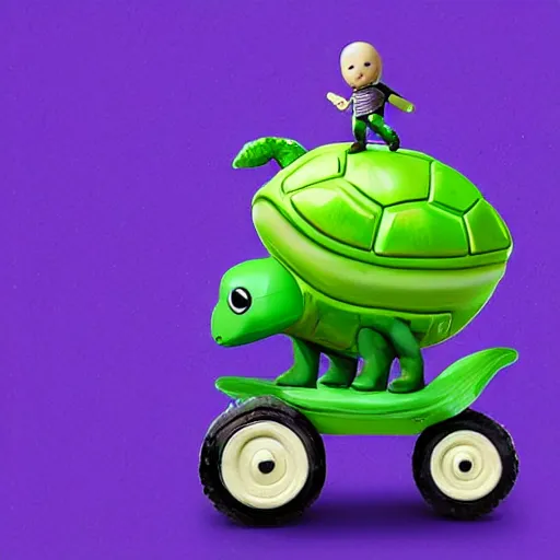 Prompt: funko pop wearing green shirt riding a giant turtle
