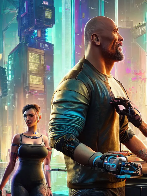 Prompt: a cyberpunk 2077 couple portrait of Dwayne Johnson and a female android,complex mess of cables and wires behind them connected to giant computer,film lighting,by laurie greasley,Lawrence Alma-Tadema,William Morris,Dan Mumford, trending on atrstation,full of color,face enhance, highly detailed,8K, octane,golden ratio,cinematic lighting