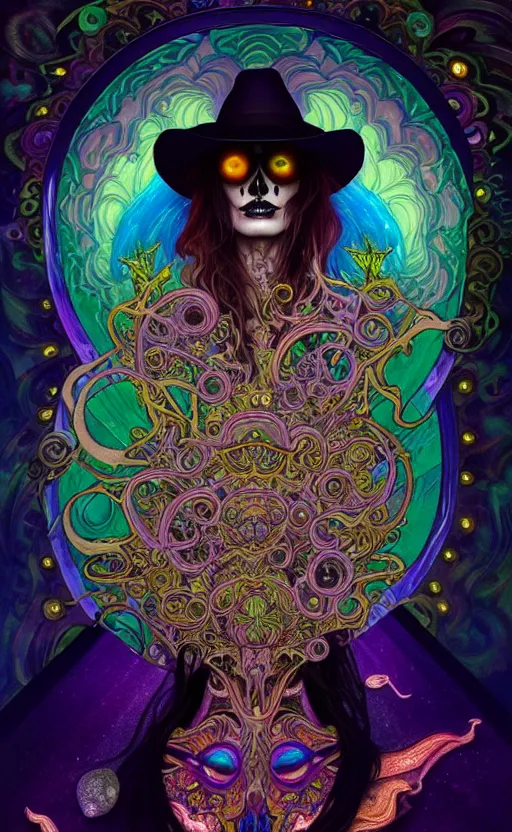 Image similar to An extremely psychedelic celestial undertaker in his black fedora hat, colorful, surreal, dramatic lighting, magic mushrooms, psilocybin, LSD, face, detailed, intricate, elegant, highly detailed, digital painting, artstation, concept art, smooth, sharp focus, illustration, art by Krenz Cushart and Artem Demura and alphonse mucha