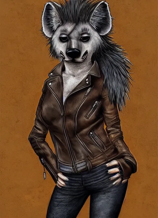 Image similar to award winning beautiful portrait commission of a female furry anthro hyena fursona with a bushy tail and a leather jacket, in a rock bar!!, cute, beautiful, attractive, detailed,