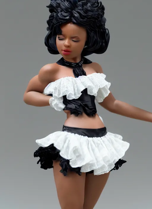 Image similar to Product Introduction Photos, 4K, Full body, 80mm resin detailed miniature of a very muscular black lady in White and lacy ruffled mini-skirt, dark skin, black hair