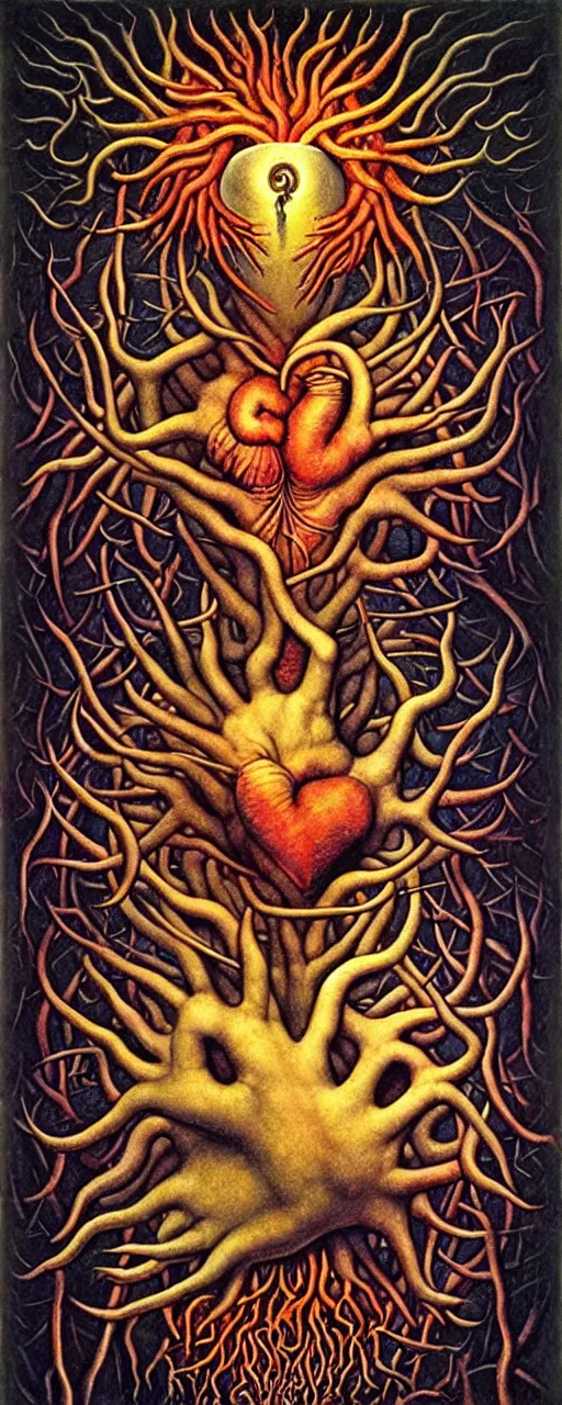 Prompt: mythical creatures and monsters in the visceral anatomical human heart imaginal realm of the collective unconscious, in a dark surreal mixed media oil painting by johfra, mc escher, dramatic lighting from inner fire