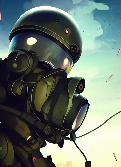 Image similar to portrait of pilot girl parachuting behind enemy lines, black sky background, chaotic landscape, illustration concept art anime key visual trending pixiv fanbox by wlop and greg rutkowski and makoto shinkai and studio ghibli and kyoto animation, kaki body suit, wires, halo, odst, oxygen mask and helmet, military gear, grimdark, volumetric lighting