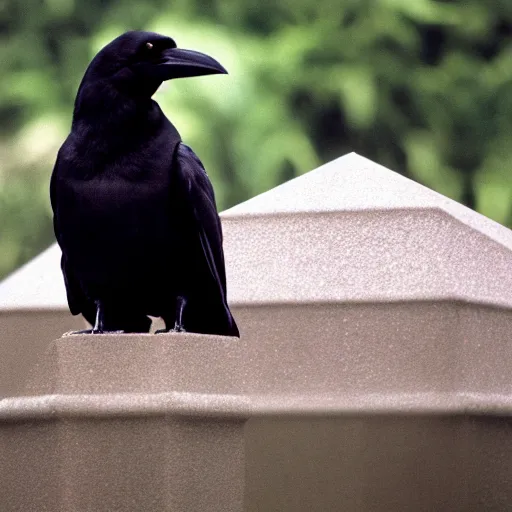 Image similar to close up of a obese crow with a round body short legs and large black beak sitting in a black stone obelisk, high resolution film still, film by Jon Favreau