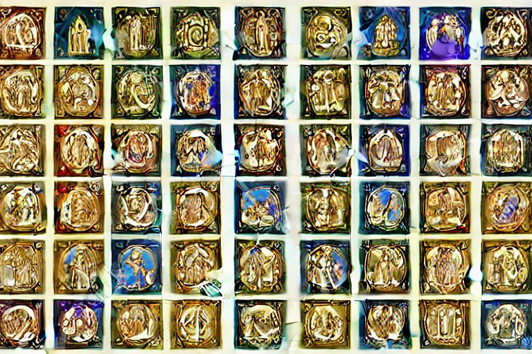 Image similar to illustration of design sheet of sets of various fantasy religion iconography mosaics with gemstones, prismatic colors, ornate gold patterns