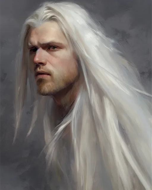 Prompt: looking down!!!!! face portrait of the one - winged!!!!!!! angel, male!!!!!!!, long white hair, by daniel gerhartz, trending on artstation