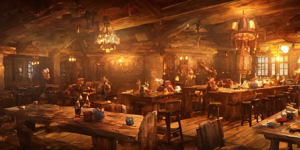 Image similar to the inside of a fantasy tavern, d & d, hyperrealistic, concept art, octane render, unreal engine 5, path tracing, soft lighting, high quality, highly detailed, 8 k, complementary colors, cgsociety