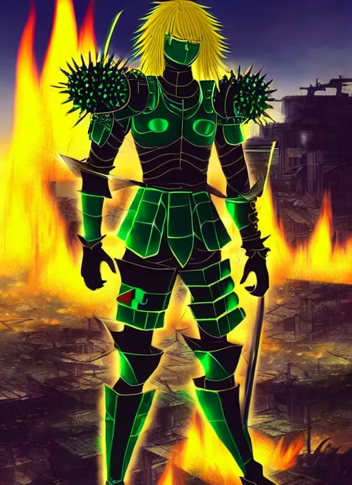 Prompt: a detailed anime full body portrait of a male warrior with long blonde hair and blue eyes wearing evil green spiked cyberpunk armour and standing in the desolate burning ruins of a futuristic city by hirohiko araki and beeple,
