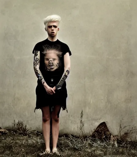 Prompt: a high quality, high detail, portrait of a non binary punk rocker by annie leibovitz and kyle thompson, moody, atmospheric