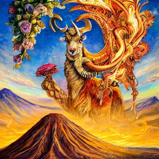 Image similar to painting by senior concept artist josephine wall, horned ram goddess checking her cell phone, erupting volcano and sunset in distance in background, flowers in foreground, zodiac, fantasy, acrylic on canvas, intricately detailed, highly detailed, high resolution, hd, hdr, 8 k, trending on artstation,