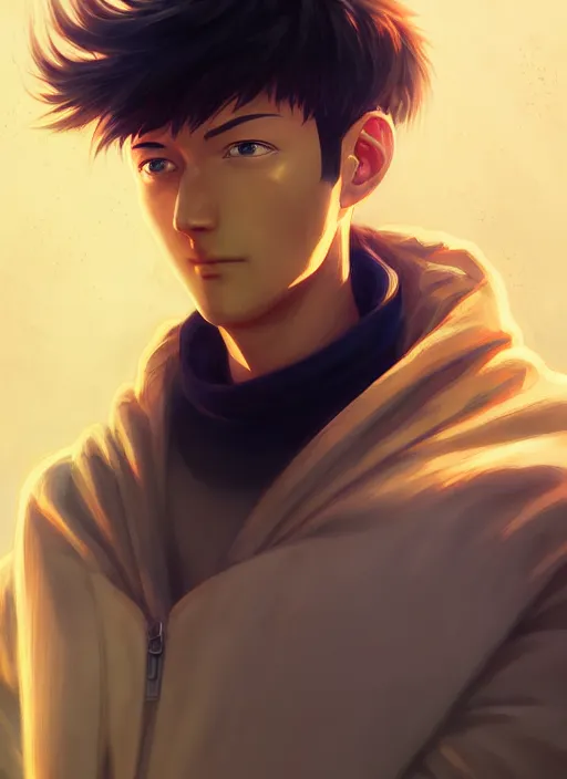 Image similar to handsome saitama, half body shot, path traced, environment, highly detailed, high quality, digital painting, alena aenami, lilia alvarado, shinji aramaki, karol bak, alphonse mucha, tom bagshaw