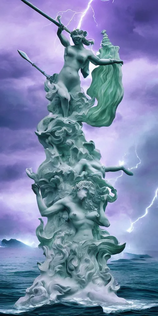 Image similar to gigantic marble statue of the goddess of the sea wielding a trident on an island. roiling waves at the base. scene lit by lightning. thunderclouds in the background. fantasy setting. magicians praying to the statue. purples and greens. fantasy aesthetic. extremely detailed. 4 k. digital art.