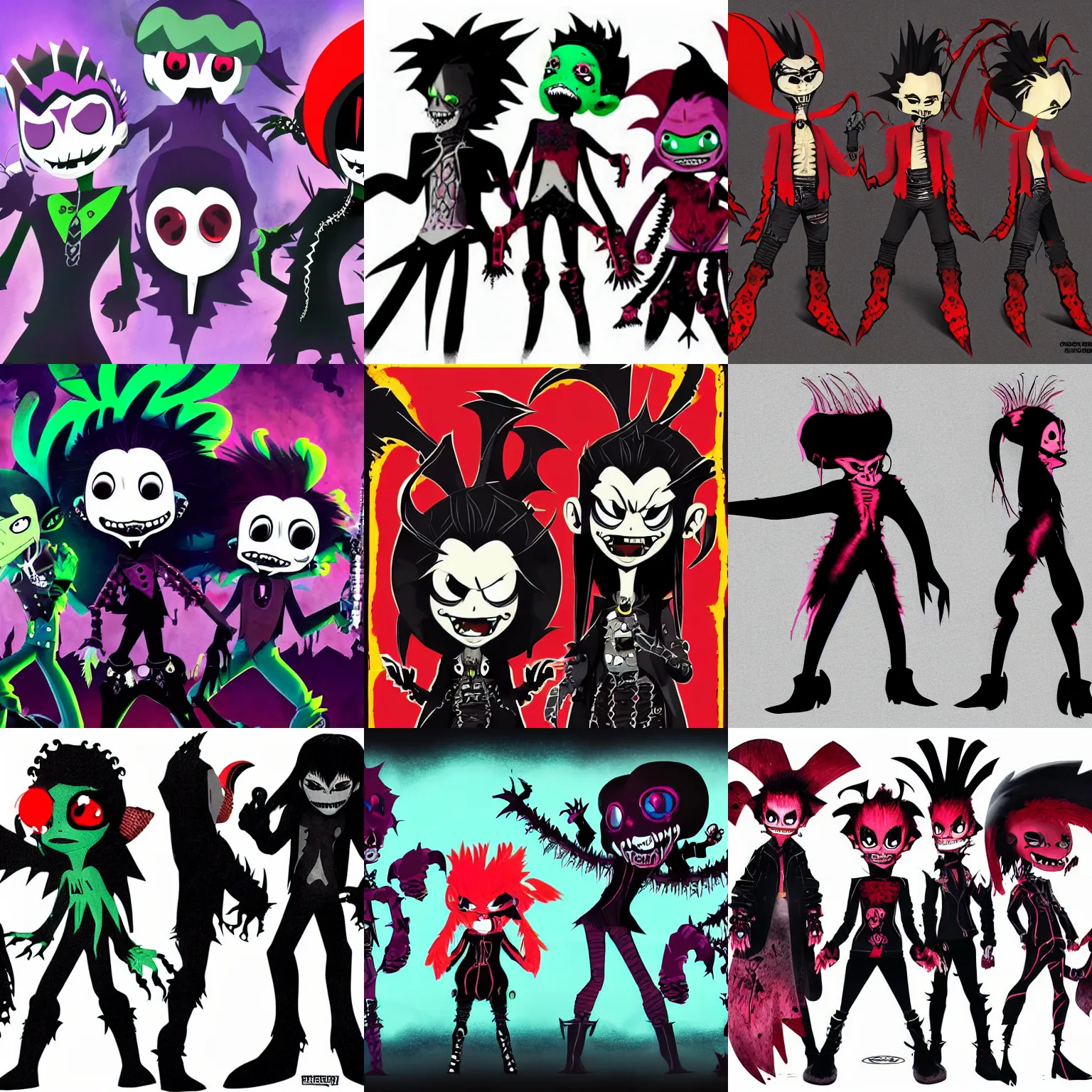 Prompt: gothic punk rocker vampiric electrifying vampire squid concept character designs by genndy tartakovsky and rad sechrist and Jamie Hewlett from gorrilaz and tim shafer for the new splatoon game by nintendo